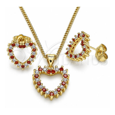 Oro Laminado Earring and Pendant Adult Set, Gold Filled Style Heart Design, with Garnet and White Cubic Zirconia, Polished, Golden Finish, 10.156.0307.1