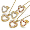 Oro Laminado Earring and Pendant Adult Set, Gold Filled Style Heart Design, with Garnet and White Cubic Zirconia, Polished, Golden Finish, 10.156.0307.1