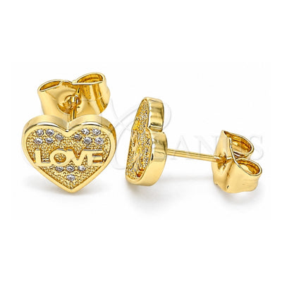 Oro Laminado Stud Earring, Gold Filled Style Heart and Love Design, with White Micro Pave, Polished, Golden Finish, 02.156.0504