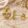 Oro Laminado Stud Earring, Gold Filled Style Heart and Love Design, with Garnet and White Micro Pave, Polished, Golden Finish, 02.156.0504.1