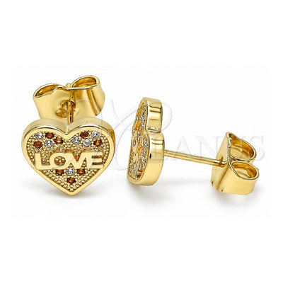 Oro Laminado Stud Earring, Gold Filled Style Heart and Love Design, with Garnet and White Micro Pave, Polished, Golden Finish, 02.156.0504.1