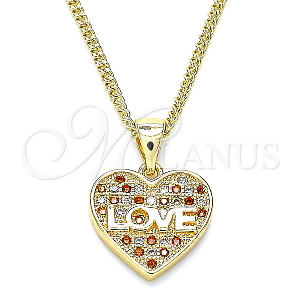 Oro Laminado Pendant Necklace, Gold Filled Style Heart and Love Design, with Garnet and White Micro Pave, Polished, Golden Finish, 04.156.0364.1.20 (02 MM Thickness, 20 Inches Length)