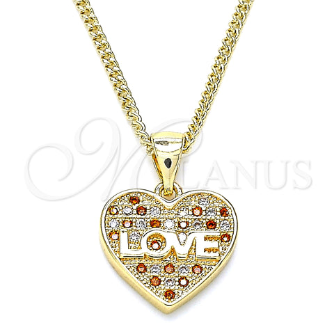Oro Laminado Pendant Necklace, Gold Filled Style Heart and Love Design, with Garnet and White Micro Pave, Polished, Golden Finish, 04.156.0364.1.20 (02 MM Thickness, 20 Inches Length)