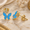 Oro Laminado Stud Earring, Gold Filled Style Butterfly Design, with White Micro Pave, Blue Enamel Finish, Golden Finish, 02.213.0178