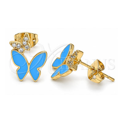 Oro Laminado Stud Earring, Gold Filled Style Butterfly Design, with White Micro Pave, Blue Enamel Finish, Golden Finish, 02.213.0178