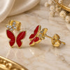 Oro Laminado Stud Earring, Gold Filled Style Butterfly Design, with White Micro Pave, Red Enamel Finish, Golden Finish, 02.213.0178.1