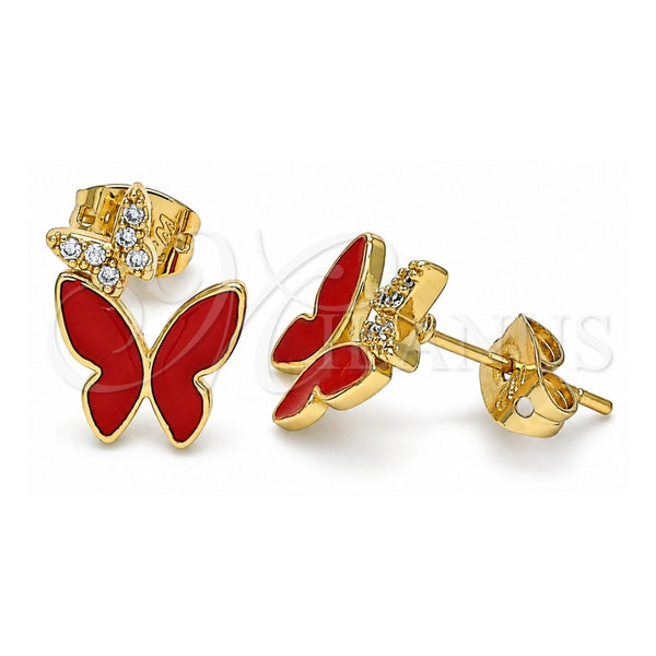 Oro Laminado Stud Earring, Gold Filled Style Butterfly Design, with White Micro Pave, Red Enamel Finish, Golden Finish, 02.213.0178.1