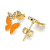 Oro Laminado Stud Earring, Gold Filled Style Butterfly Design, with White Micro Pave, Orange Enamel Finish, Golden Finish, 02.213.0178.2