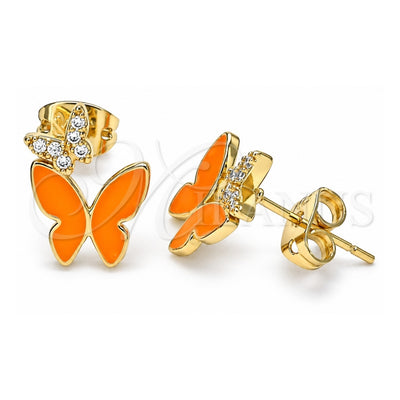 Oro Laminado Stud Earring, Gold Filled Style Butterfly Design, with White Micro Pave, Orange Enamel Finish, Golden Finish, 02.213.0178.2