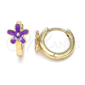 Gold Filled Hoop Earrings — Huggie Hoop Flower Design Purple Enamel 02. — main product view — SKU 139834 | Oro Laminado aretes de aro — Huggie Hoop flor diseño Purple Enamel 02. — SKU 139834
