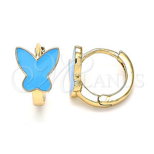 Gold Filled Hoop Earrings — Huggie Hoop Butterfly Design Blue Enamel 02. — main product view — SKU 139835 | Oro Laminado aretes de aro — Huggie Hoop Butterfly diseño Blue Enamel 02. — SKU 139835