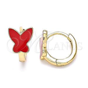 Gold Filled Hoop Earrings — Huggie Hoop Butterfly Design Red Enamel 02. — main product view — SKU 139836 | Oro Laminado aretes de aro — Huggie Hoop Butterfly diseño Red Enamel 02. — SKU 139836