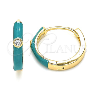 Gold Filled Hoop Earrings — Huggie Hoop with White Cubic Zirconia Green Enamel — main product view — SKU 139838 | Oro Laminado aretes de aro — Huggie Hoop with blanco Cubic Zirconia Green Enamel — SKU 139838