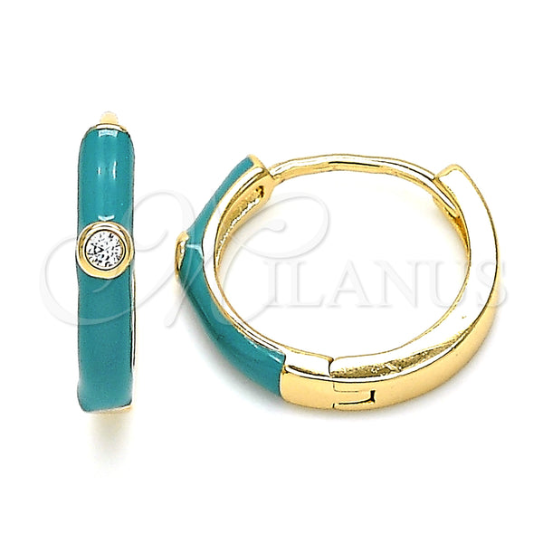 Gold Filled Hoop Earrings — Huggie Hoop with White Cubic Zirconia Green Enamel — main product view — SKU 139838 | Oro Laminado aretes de aro — Huggie Hoop with blanco Cubic Zirconia Green Enamel — SKU 139838