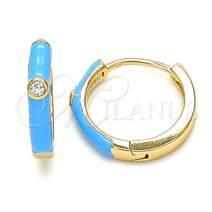 Gold Filled Hoop Earrings — Huggie Hoop with White Cubic Zirconia Turquoise Enamel — main product view — SKU 139841 | Oro Laminado aretes de aro — Huggie Hoop with blanco Cubic Zirconia Turquoise Enamel — SKU 139841