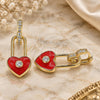 Oro Laminado Huggie Hoop, Gold Filled Style Lock and Heart Design, with White Cubic Zirconia, Red Enamel Finish, Golden Finish, 02.213.0184.12