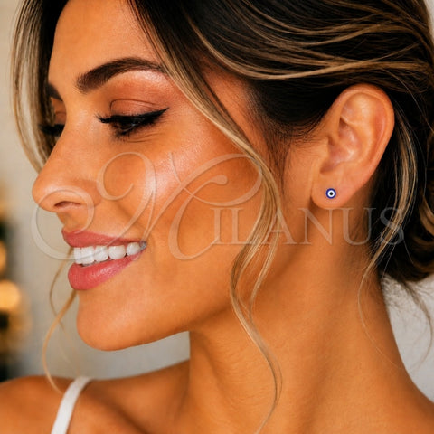 Oro Laminado Stud Earring, Gold Filled Style Evil Eye Design, Blue Enamel Finish, Golden Finish, 02.213.0186.2 *PROMO*