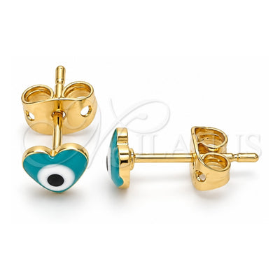 Oro Laminado Stud Earring, Gold Filled Style Evil Eye and Heart Design, Green Enamel Finish, Golden Finish, 02.213.0187 *PROMO*