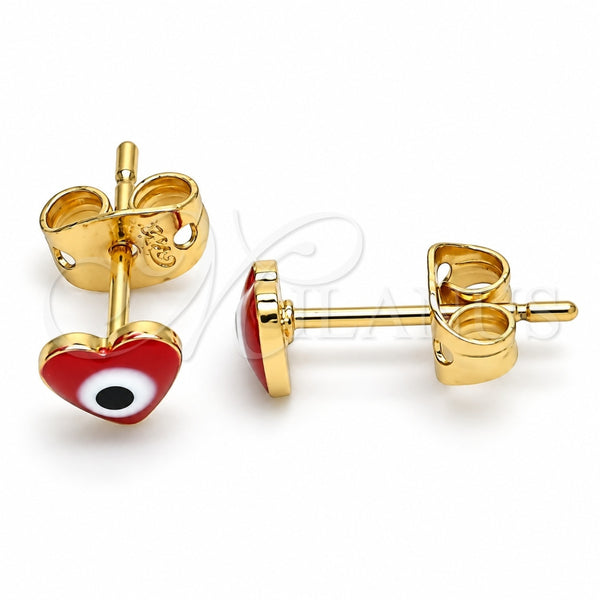 Oro Laminado Stud Earring, Gold Filled Style Evil Eye and Heart Design, Red Enamel Finish, Golden Finish, 02.213.0187.1 *PROMO*