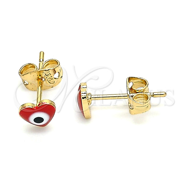 Oro Laminado Stud Earring, Gold Filled Style Evil Eye and Heart Design, Red Enamel Finish, Golden Finish, 02.213.0187.1 *PROMO*
