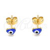 Oro Laminado Stud Earring, Gold Filled Style Evil Eye and Heart Design, Blue Enamel Finish, Golden Finish, 02.213.0187.2 *PROMO*