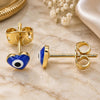 Oro Laminado Stud Earring, Gold Filled Style Evil Eye and Heart Design, Blue Enamel Finish, Golden Finish, 02.213.0187.2 *PROMO*