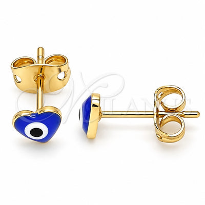 Oro Laminado Stud Earring, Gold Filled Style Evil Eye and Heart Design, Blue Enamel Finish, Golden Finish, 02.213.0187.2 *PROMO*