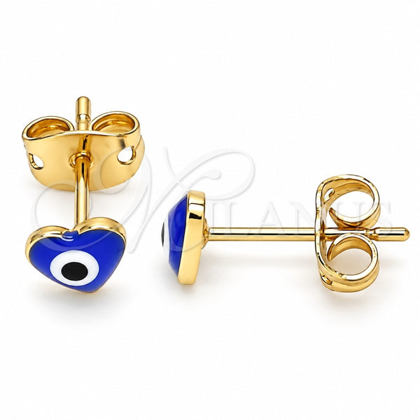 Oro Laminado Stud Earring, Gold Filled Style Evil Eye and Heart Design, Blue Enamel Finish, Golden Finish, 02.213.0187.2 *PROMO*