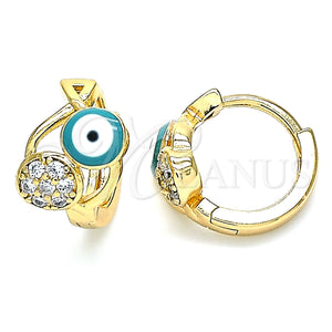 Gold Filled Hoop Earrings — Huggie Hoop Evil Eye and Fish Design with — main product view — SKU 139857 | Oro Laminado aretes de aro — Huggie Hoop Evil Eye and Fish diseño with — SKU 139857