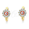 Oro Laminado Huggie Hoop, Gold Filled Style Evil Eye and Flower Design, with White Cubic Zirconia, Red Enamel Finish, Golden Finish, 02.213.0190.15
