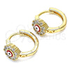 Oro Laminado Huggie Hoop, Gold Filled Style Evil Eye and Flower Design, with White Cubic Zirconia, Red Enamel Finish, Golden Finish, 02.213.0190.15