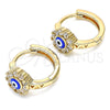 Oro Laminado Huggie Hoop, Gold Filled Style Evil Eye and Flower Design, with White Cubic Zirconia, Blue Enamel Finish, Golden Finish, 02.213.0190.1.15