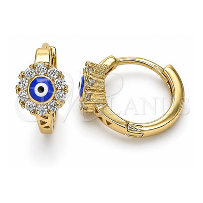 Oro Laminado Huggie Hoop, Gold Filled Style Evil Eye and Flower Design, with White Cubic Zirconia, Blue Enamel Finish, Golden Finish, 02.213.0190.1.15