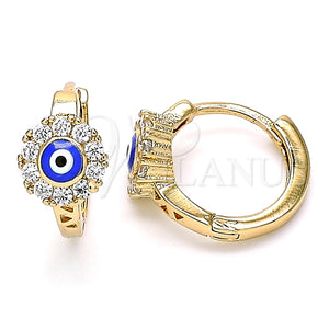 Gold Filled Hoop Earrings — Huggie Hoop Evil Eye and Flower Design with — main product view — SKU 139859 | Oro Laminado aretes de aro — Huggie Hoop Evil Eye and flor diseño with — SKU 139859