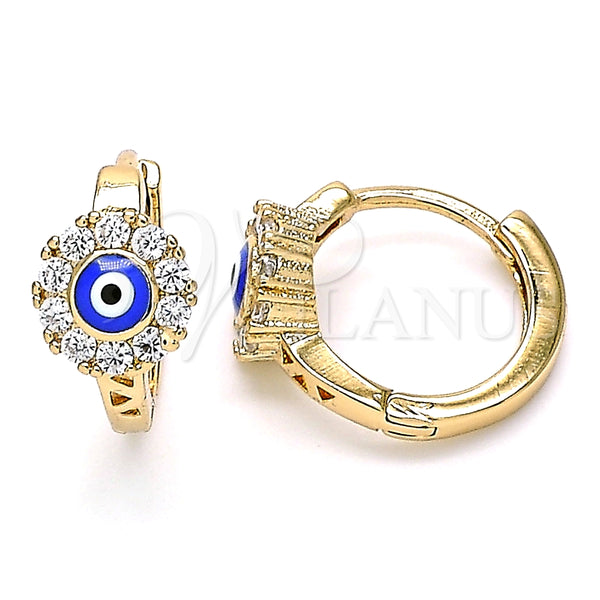 Gold Filled Hoop Earrings — Huggie Hoop Evil Eye and Flower Design with — main product view — SKU 139859 | Oro Laminado aretes de aro — Huggie Hoop Evil Eye and flor diseño with — SKU 139859