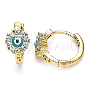 Gold Filled Hoop Earrings — Huggie Hoop Evil Eye and Flower Design with — main product view — SKU 139860 | Oro Laminado aretes de aro — Huggie Hoop Evil Eye and flor diseño with — SKU 139860