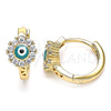Oro Laminado Huggie Hoop, Gold Filled Style Evil Eye and Flower Design, with White Cubic Zirconia, Green Enamel Finish, Golden Finish, 02.213.0190.2.15