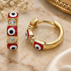 Oro Laminado Huggie Hoop, Gold Filled Style Evil Eye Design, with White Cubic Zirconia, Red Enamel Finish, Golden Finish, 02.213.0192.15