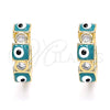 Oro Laminado Huggie Hoop, Gold Filled Style Evil Eye Design, with White Cubic Zirconia, Green Enamel Finish, Golden Finish, 02.213.0192.2.15