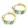 Oro Laminado Huggie Hoop, Gold Filled Style Evil Eye Design, with White Cubic Zirconia, Green Enamel Finish, Golden Finish, 02.213.0192.2.15