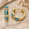 Oro Laminado Huggie Hoop, Gold Filled Style Evil Eye Design, with White Cubic Zirconia, Green Enamel Finish, Golden Finish, 02.213.0192.2.15