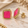 Oro Laminado Stud Earring, Gold Filled Style Dark Pink Enamel Finish, Golden Finish, 02.213.0193