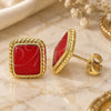 Oro Laminado Stud Earring, Gold Filled Style Red Enamel Finish, Golden Finish, 02.213.0193.2