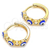 Oro Laminado Huggie Hoop, Gold Filled Style Evil Eye Design, with White Cubic Zirconia, Blue Enamel Finish, Golden Finish, 02.213.0196.15