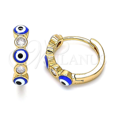 Oro Laminado Huggie Hoop, Gold Filled Style Evil Eye Design, with White Cubic Zirconia, Blue Enamel Finish, Golden Finish, 02.213.0196.15