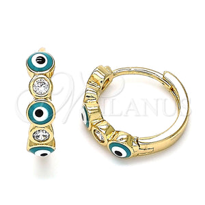 Gold Filled Hoop Earrings — Huggie Hoop Evil Eye Design with White Cubic — main product view — SKU 139874 | Oro Laminado aretes de aro — Huggie Hoop Evil Eye diseño with blanco Cubic — SKU 139874