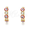 Oro Laminado Huggie Hoop, Gold Filled Style Evil Eye Design, with White Cubic Zirconia, Red Enamel Finish, Golden Finish, 02.213.0196.2.15