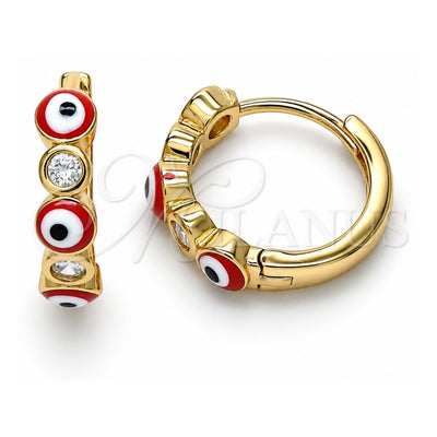 Oro Laminado Huggie Hoop, Gold Filled Style Evil Eye Design, with White Cubic Zirconia, Red Enamel Finish, Golden Finish, 02.213.0196.2.15
