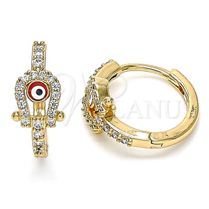 Gold Filled Hoop Earrings — Huggie Hoop Evil Eye Design with White Micro — main product view — SKU 139882 | Oro Laminado aretes de aro — Huggie Hoop Evil Eye diseño with blanco Micro — SKU 139882