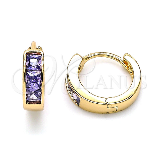Gold Filled Hoop Earrings — Huggie Hoop with Amethyst Cubic Zirconia Polished 02. — main product view — SKU 139888 | Oro Laminado aretes de aro — Huggie Hoop with Amethyst Cubic Zirconia pulido 02. — SKU 139888